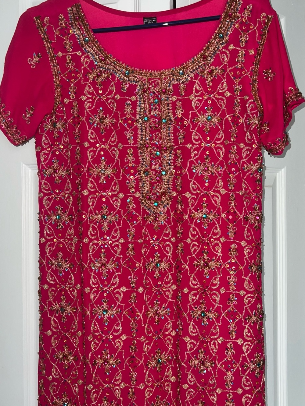 Embroidered Beaded Short-Sleeve Dress - red